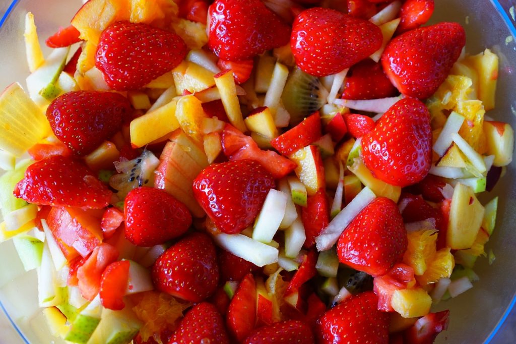 fruit salad, fruits, strawberries