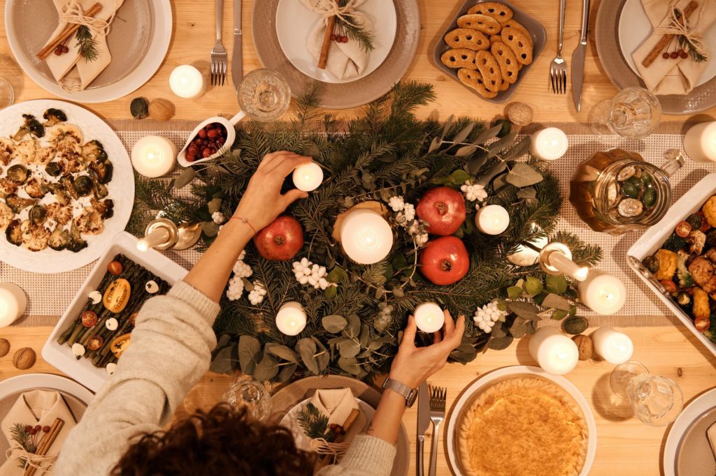 top view of table set up for christmas dinner